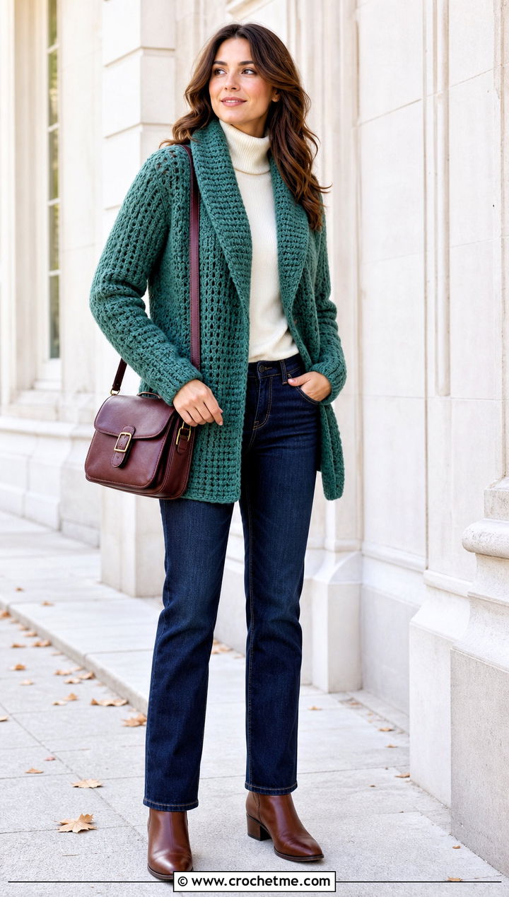 Shawl Collar Crochet Cardigan With Turtleneck And Jeans - 35 ladies crochet cardigan outfit ideas