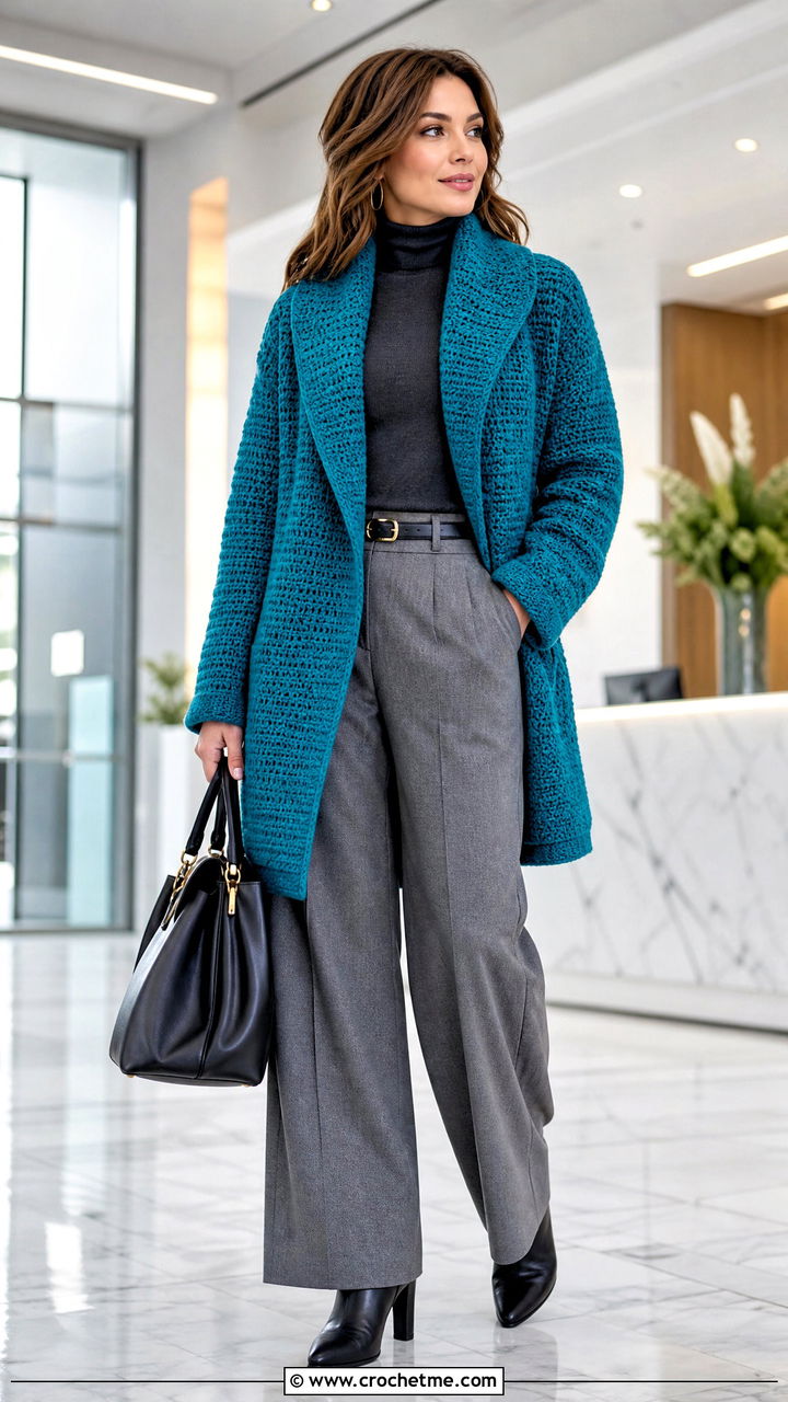 Shawl Collar Crochet Cardigan With Turtleneck And Trousers - 35 crocheted cardigan outfit ideas