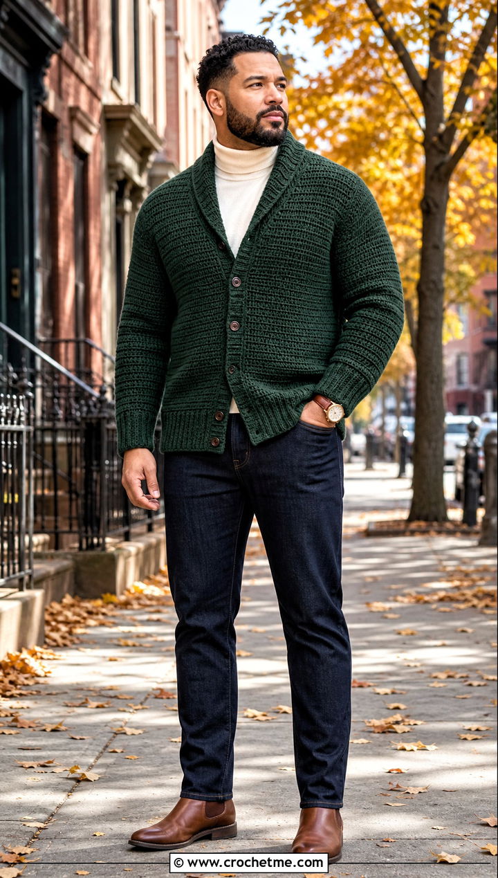 Shawl Collar Crochet Cardigan With Turtleneck - 30 Mens Crochet Outfit ideas