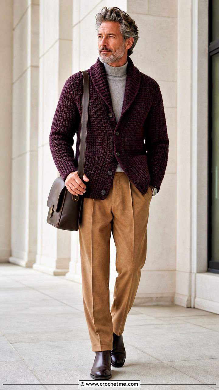 Shawl Collar Crochet Cardigan With Wool Trousers - 35 crochet outfits for men outfit ideas