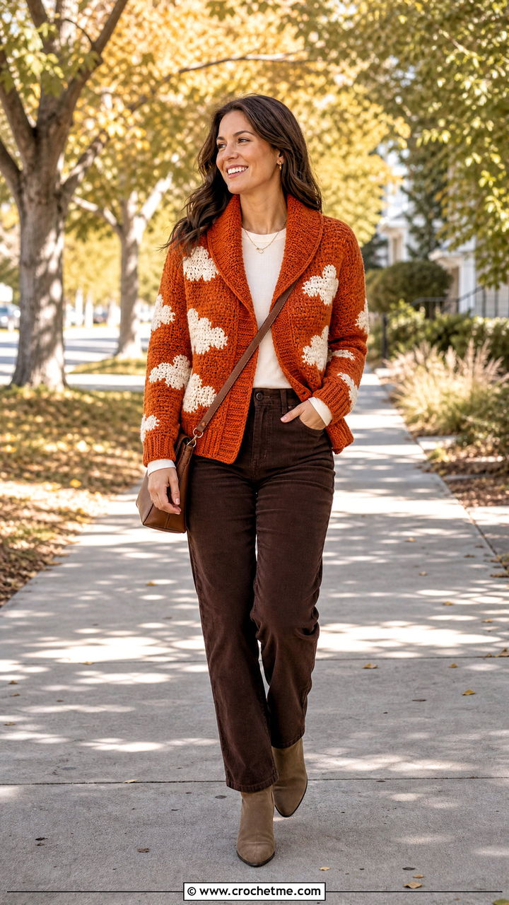 Shawl Collar Crochet Cloud Cardigan With Corduroy Pants - 35 crochet cloud cardigan outfit ideas