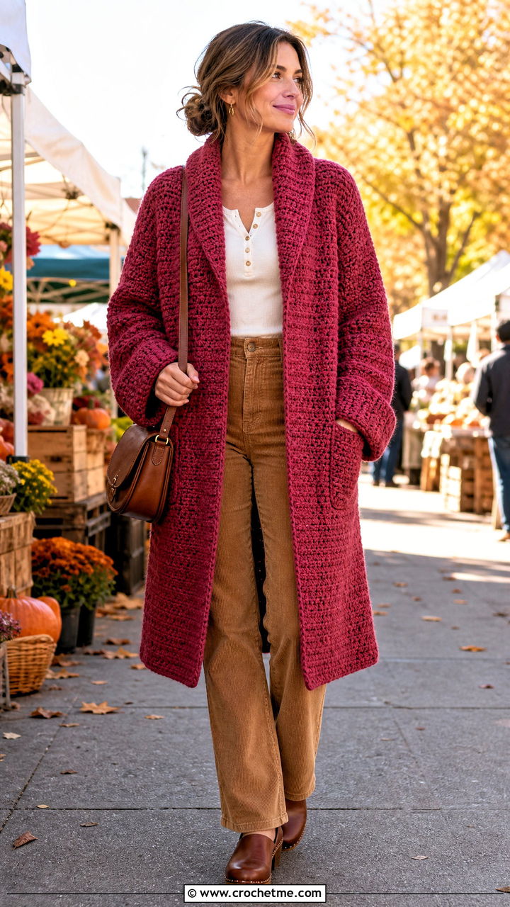 Shawl Collar Crochet Coat With Corduroy Pants - 35 crochet coat outfit ideas