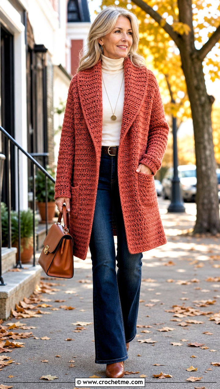 Shawl Collar Crochet Coatigan With Dark Wash Jeans - 30 crochet long cardigan sweater coats outfit ideas