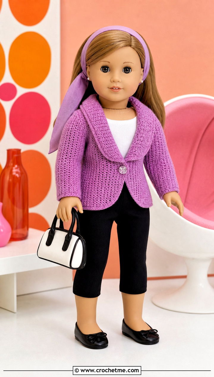 Shawl Collar Crochet Doll Jacket With Capri Pants - 30 crochet doll jacket outfit ideas