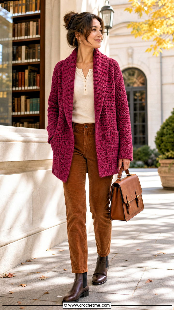 Shawl Collar Crochet Fall Cardigan With Corduroy Pants - 35 crochet fall cardigan outfit ideas