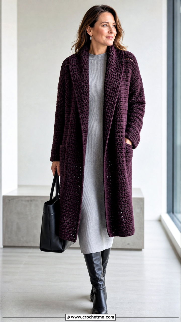 Shawl Collar Crochet Folklore Cardigan With Ribbed Knit Dress - 35 crochet folklore cardigan outfit ideas