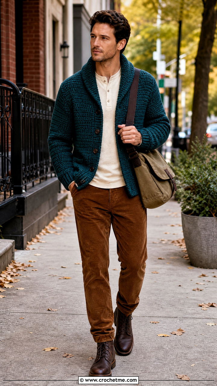 Shawl Collar Crochet Jacket With Corduroy Pants - 35 crochet jacket for men outfit ideas