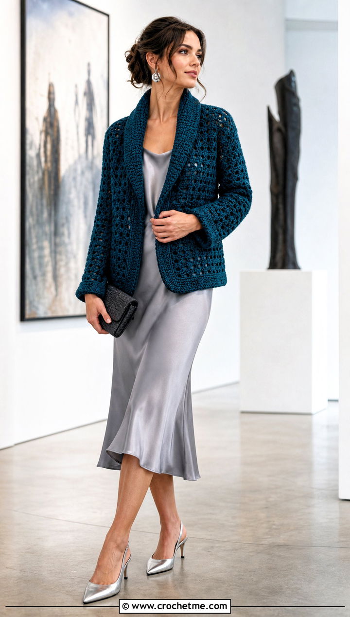 Shawl Collar Crochet Jacket With Satin Slip Dress - 25 Crochet Jacket With Collar outfit ideas