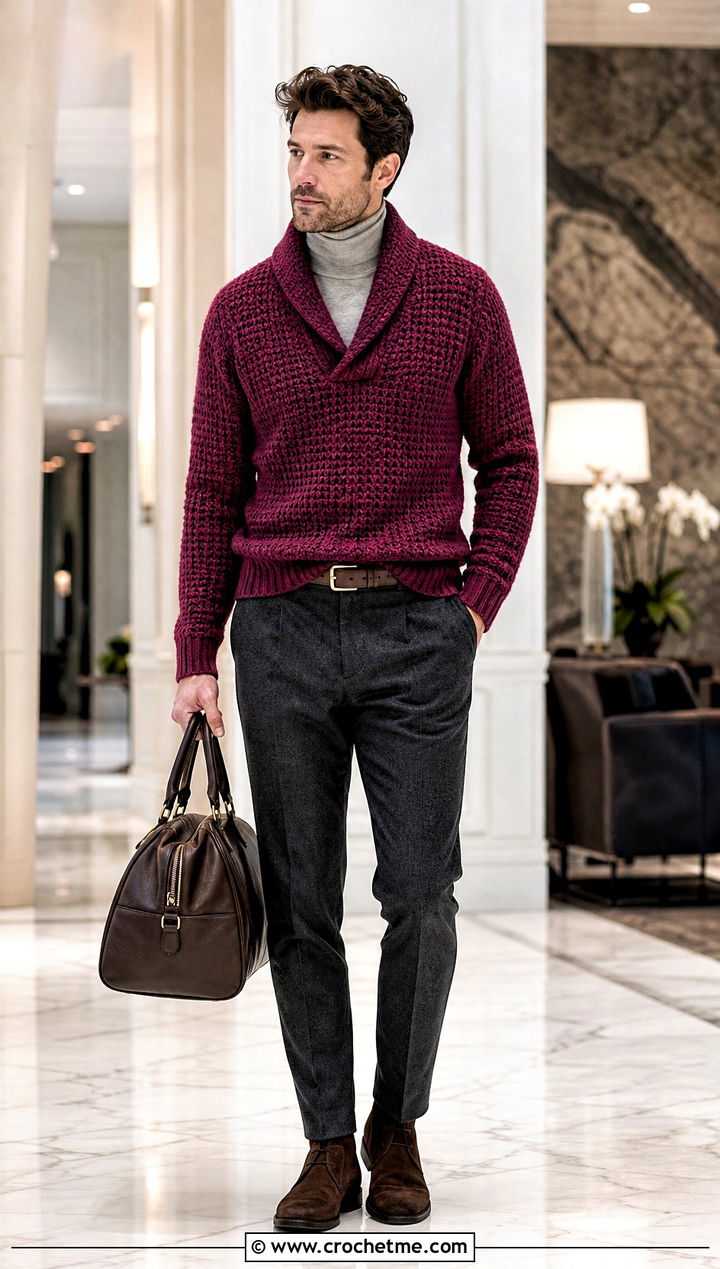 Shawl Collar Crochet Jumper With Flannel Trousers - 35 men crochet jumper outfit ideas