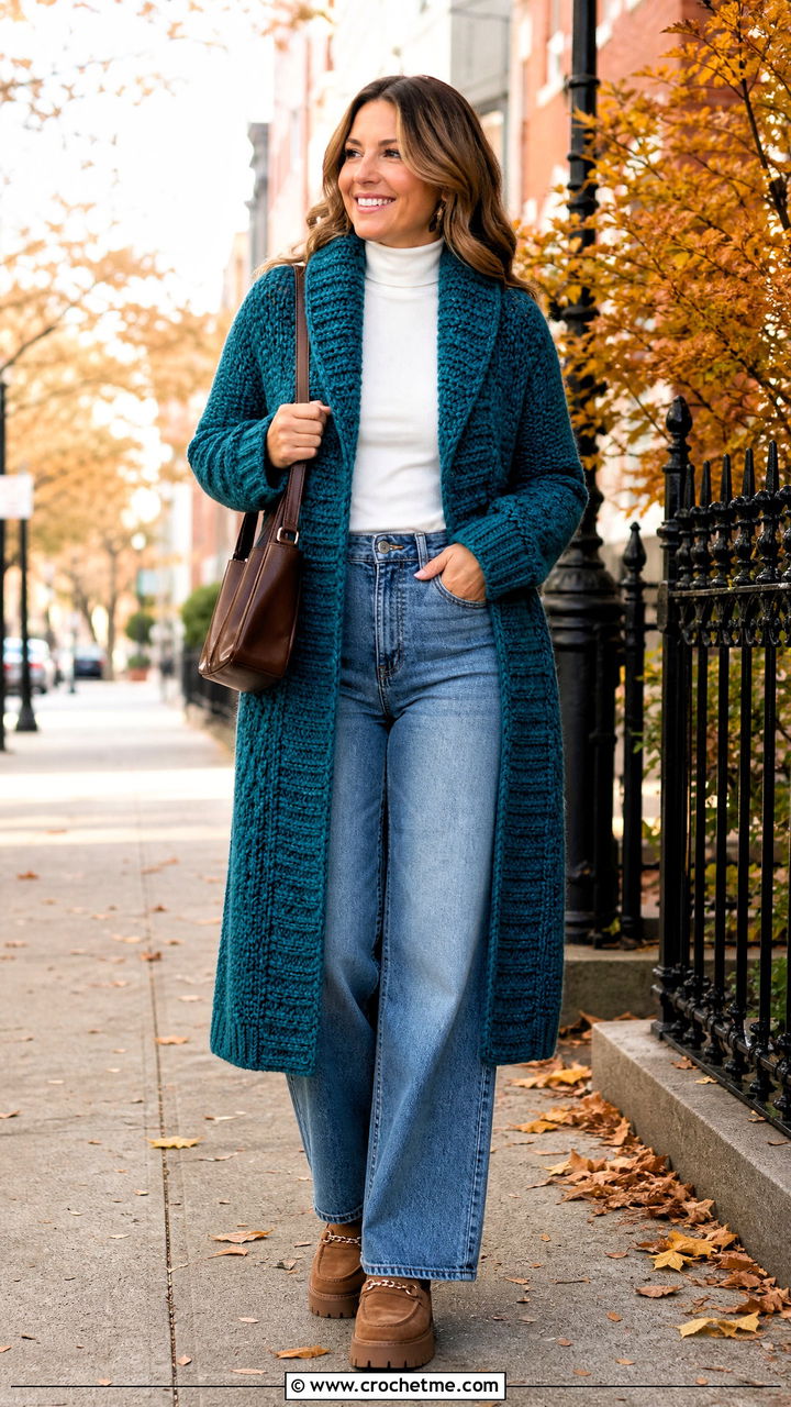 Shawl Collar Crochet Long Cardigan With Wide Leg Jeans - 35 crochet long cardigan outfit ideas