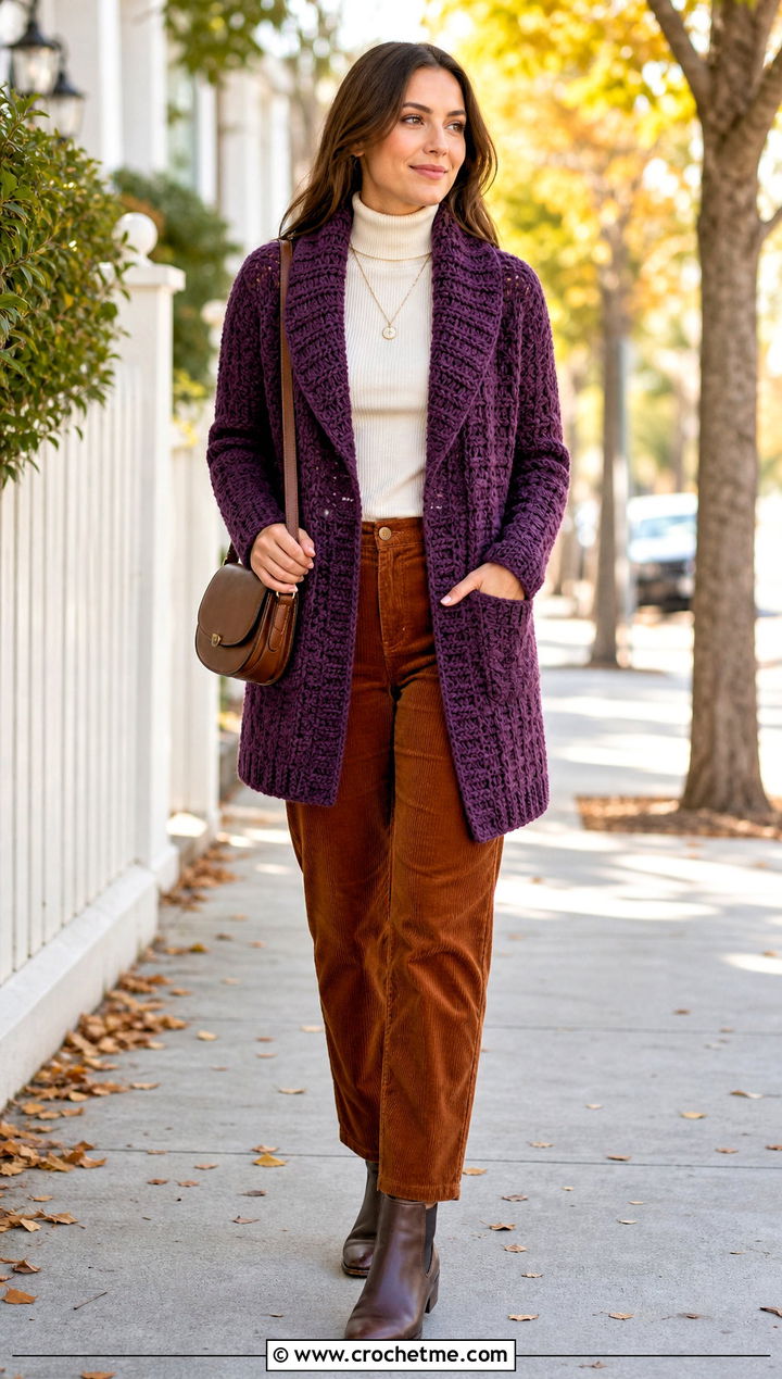 Shawl Collar Crochet Long Sweater With Corduroy Pants - 35 crochet long sweater outfit ideas