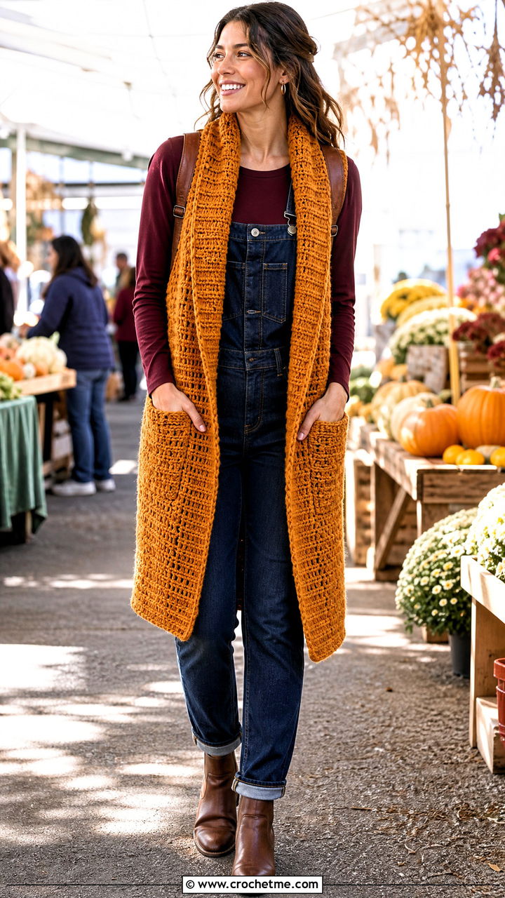 Shawl Collar Crochet Long Vest With Overalls - 35 Crochet Long Vest outfit ideas