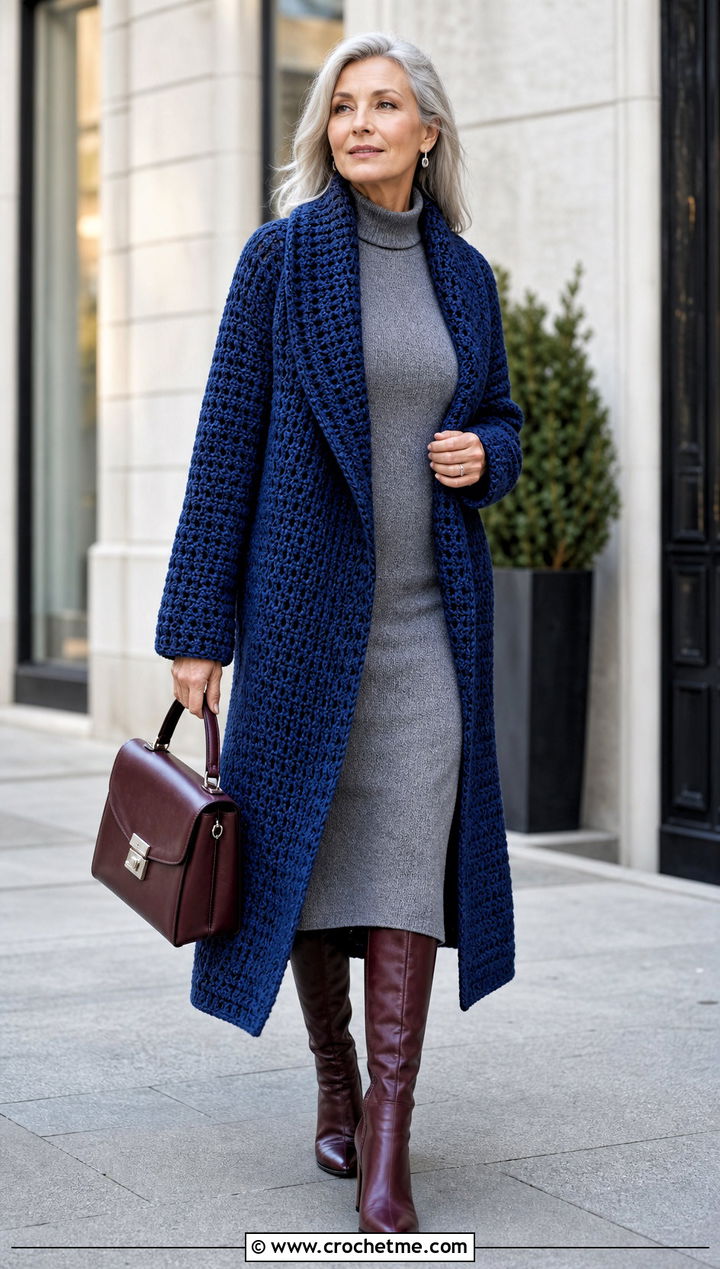 Shawl Collar Crochet Longline Cardigan With Knit Dress - 20 Crochet Longline Cardigan outfit ideas