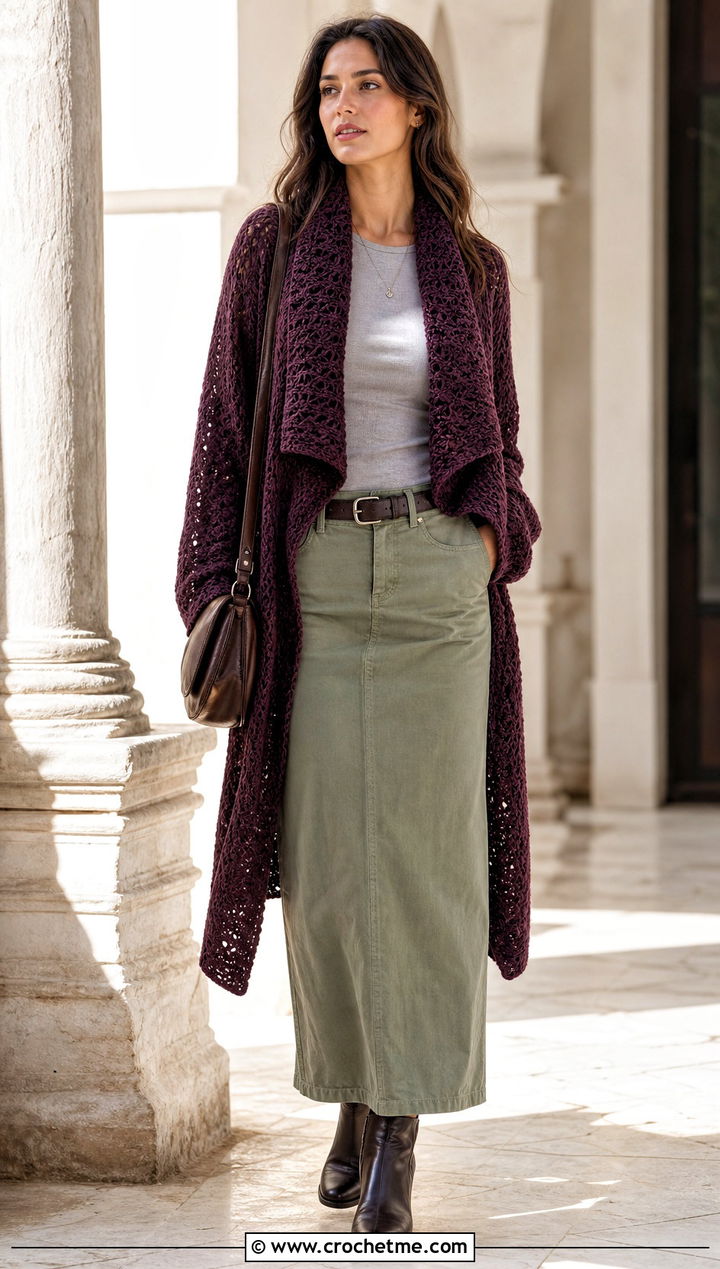 Shawl Collar Crochet One Piece Cardigan With Maxi Skirt - 30 crochet one piece cardigan outfit ideas