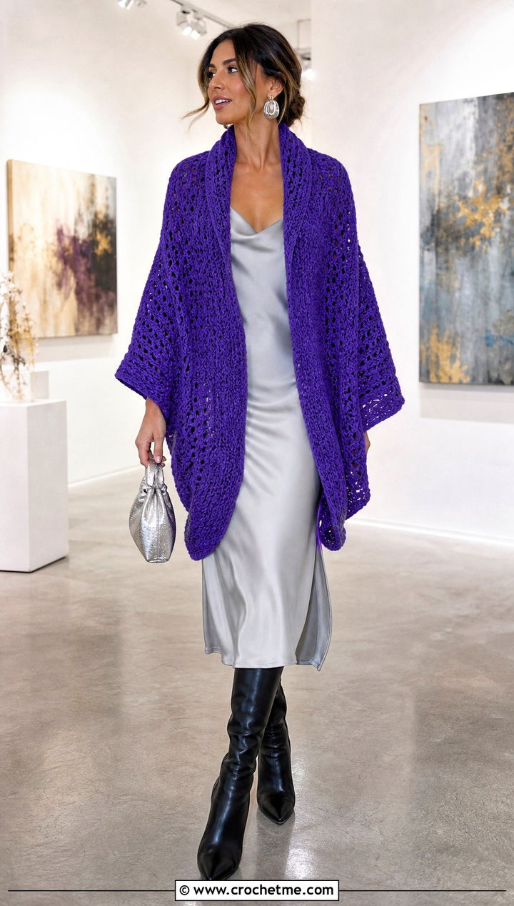 Shawl Collar Crochet Poncho With Satin Slip Dress - 25 Crochet Poncho With Collar outfit ideas