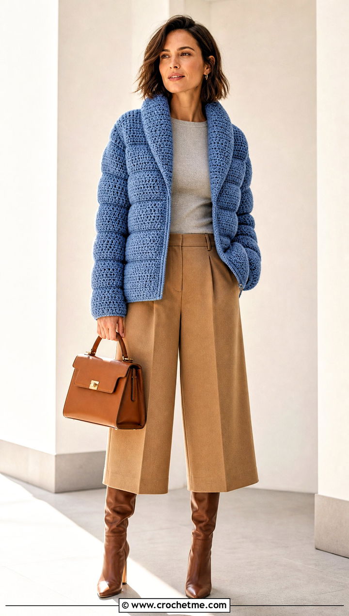 Shawl Collar Crochet Puffer Jacket With Culottes - 35 crochet puffer jacket outfit ideas