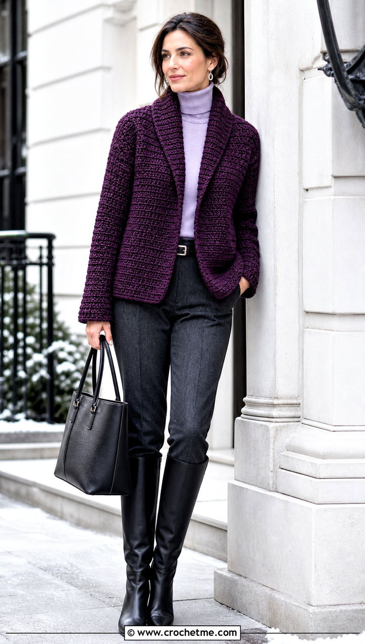Shawl Collar Crochet Raglan Jacket With Wool Trousers - 15 crochet raglan jacket outfit ideas