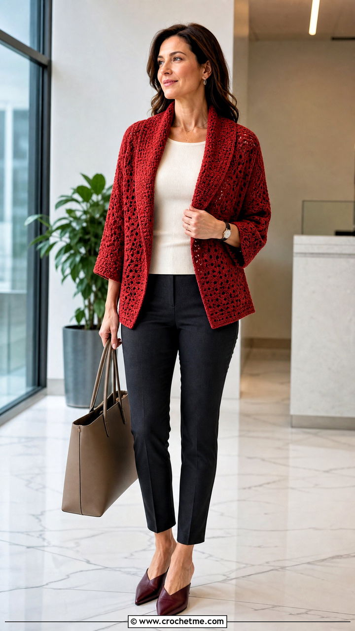 Shawl Collar Crochet Shrug With Cigarette Pants and Mules - 35 crochet shrugs outfit ideas