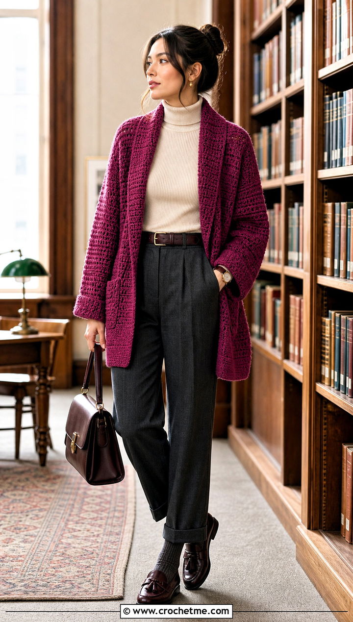 Shawl Collar Crochet Slouchy Cardigan With Pleated Trousers - 20 Crochet Slouchy Cardigan outfit ideas