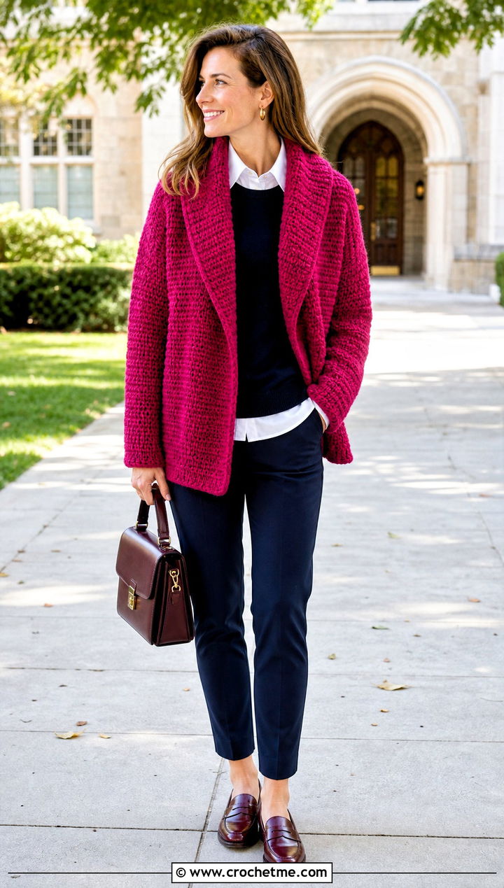 Shawl Collar Crochet Sweater Blanket With Preppy Layers - 25 crochet sweater blanket outfit ideas