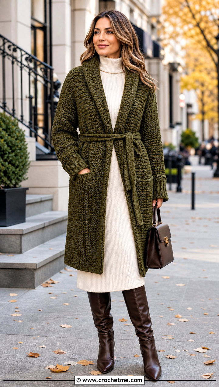 Shawl Collar Crochet Sweater Coat With A Sweater Dress - 20 Crochet Sweater Coat outfit ideas