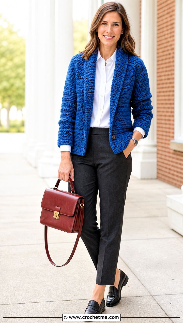 Shawl Collar Crochet Sweater Jacket With Button Down Shirt - 20 Crochet Sweater Jacket outfit ideas