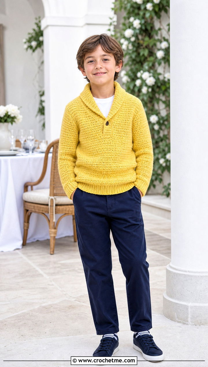 Shawl Collar Crochet Sweater With Chinos - 15 Crochet Childs Sweater outfit ideas