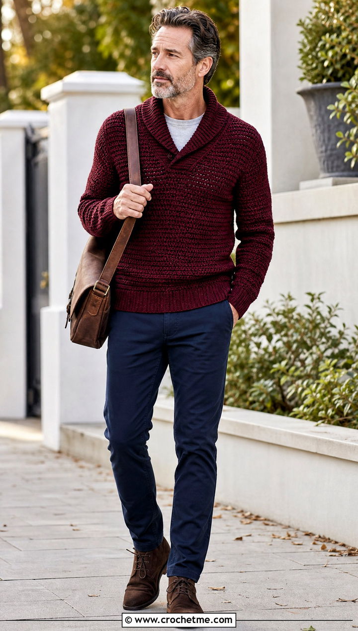 Shawl Collar Crochet Sweater With Dark Chinos - 30 men's crochet sweater outfit ideas