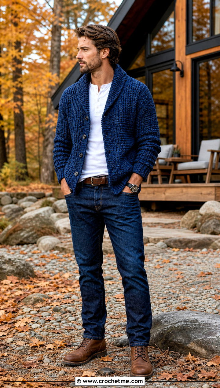 Shawl Collar Crochet Sweater With Dark Denim - 25 man crochet sweater outfit ideas