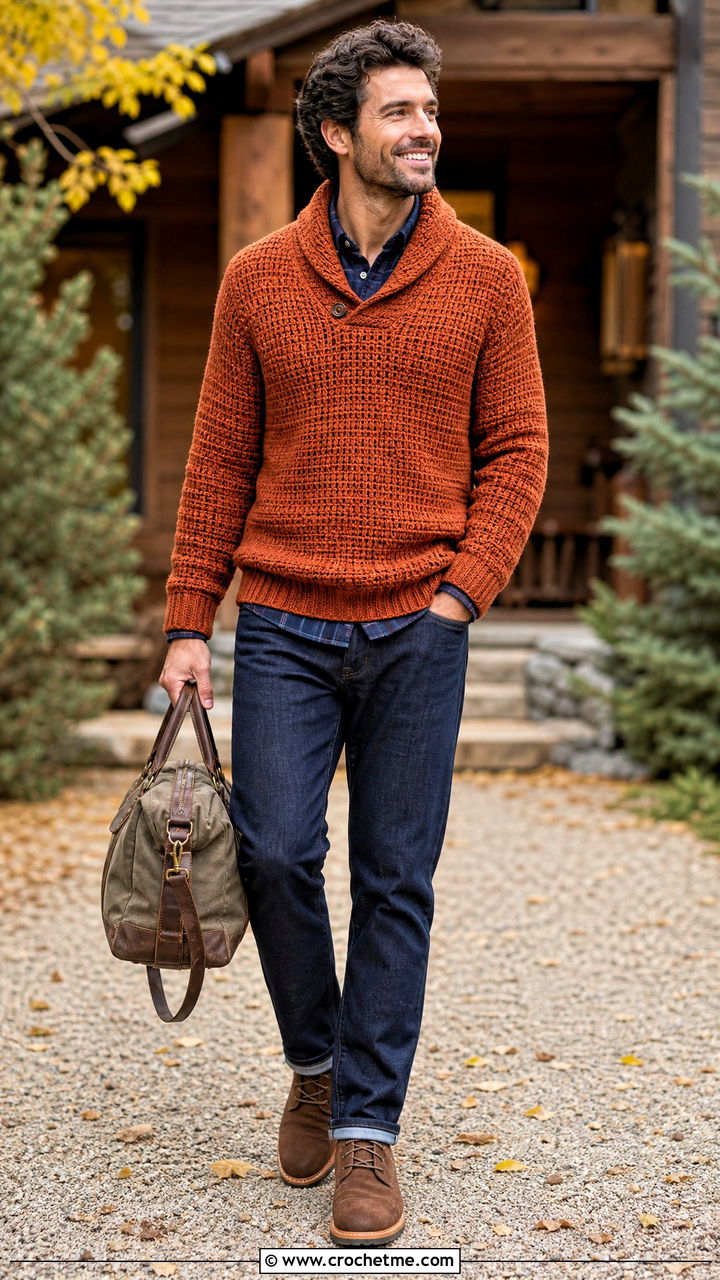 Shawl Collar Crochet Sweater With Flannel Shirt - 35 men crochet sweater outfit ideas