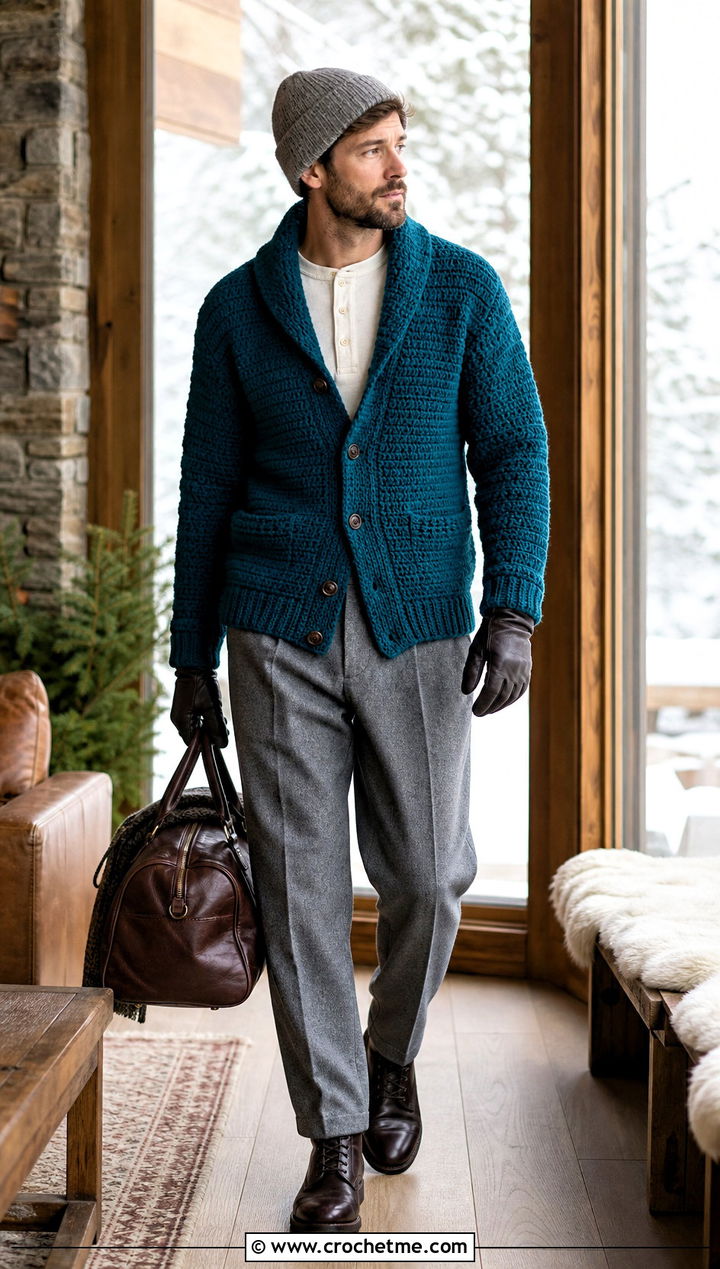 Shawl Collar Crochet Sweater With Flannel Trousers - 35 men's crochet sweater ideas