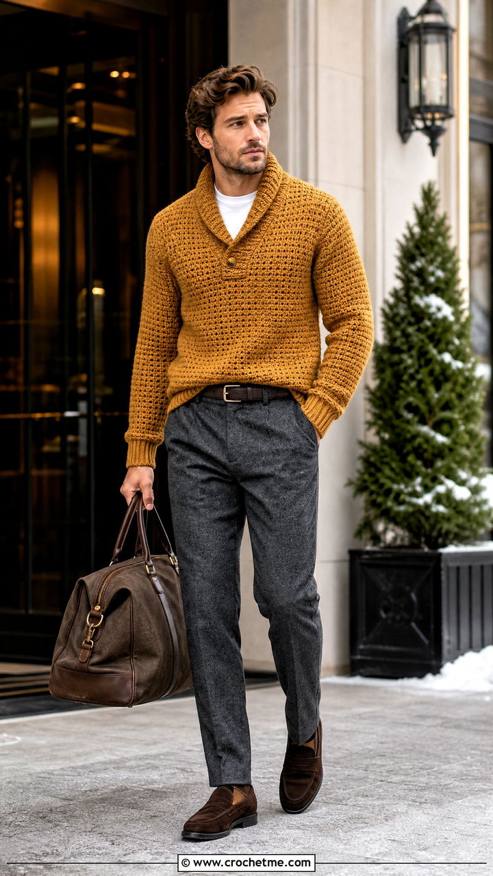 Shawl Collar Crochet Sweater With Flannel Trousers - 35 crochet sweater for men outfit ideas