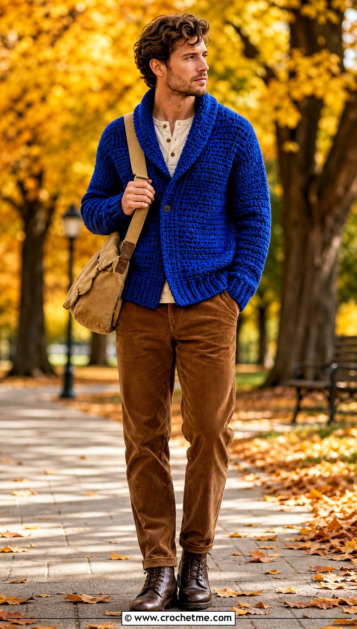 Shawl Collar Crochet Sweater With Henley And Corduroy Pants - 30 crochet sweater for man outfit ideas