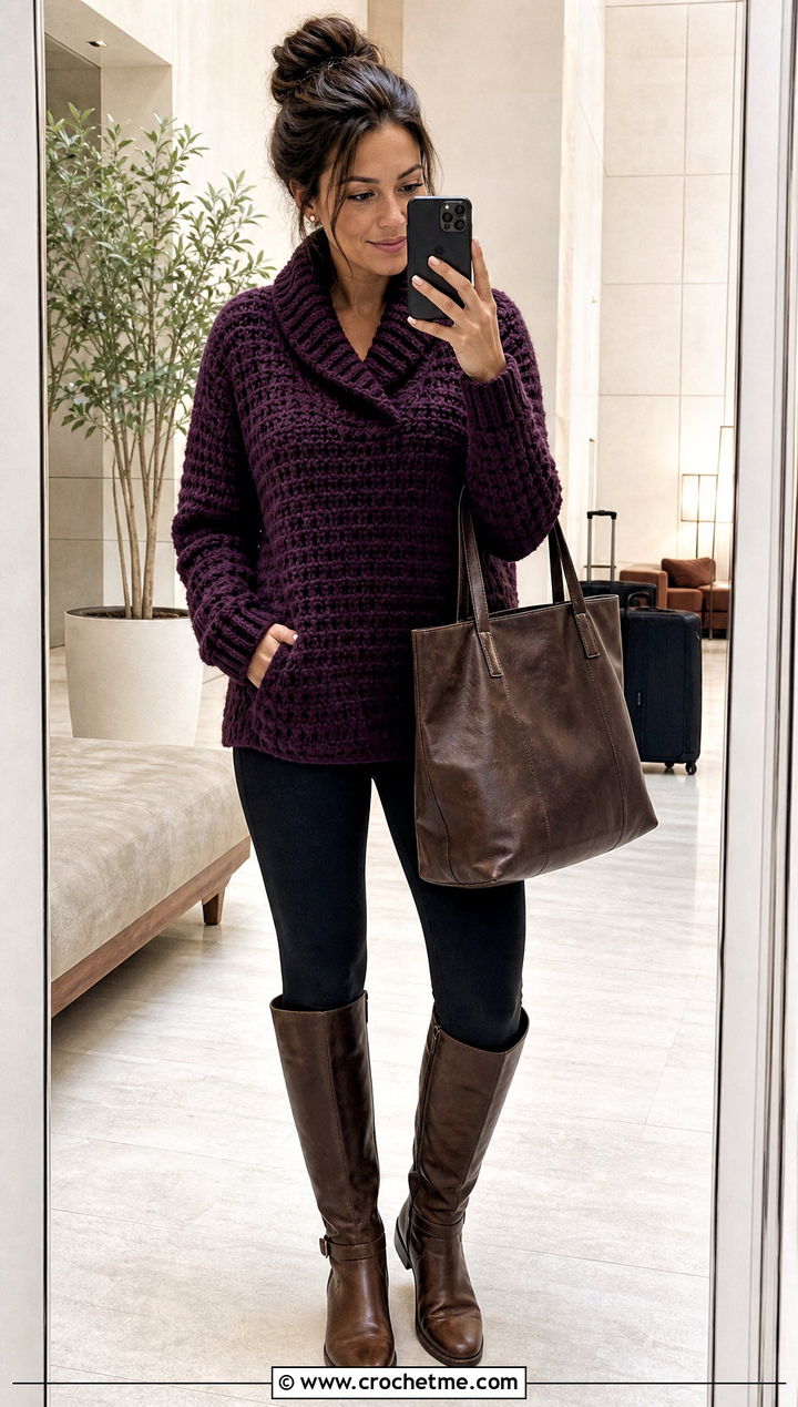 Shawl Collar Crochet Sweater With Leggings - 20 Crochet Collared Sweater outfit ideas