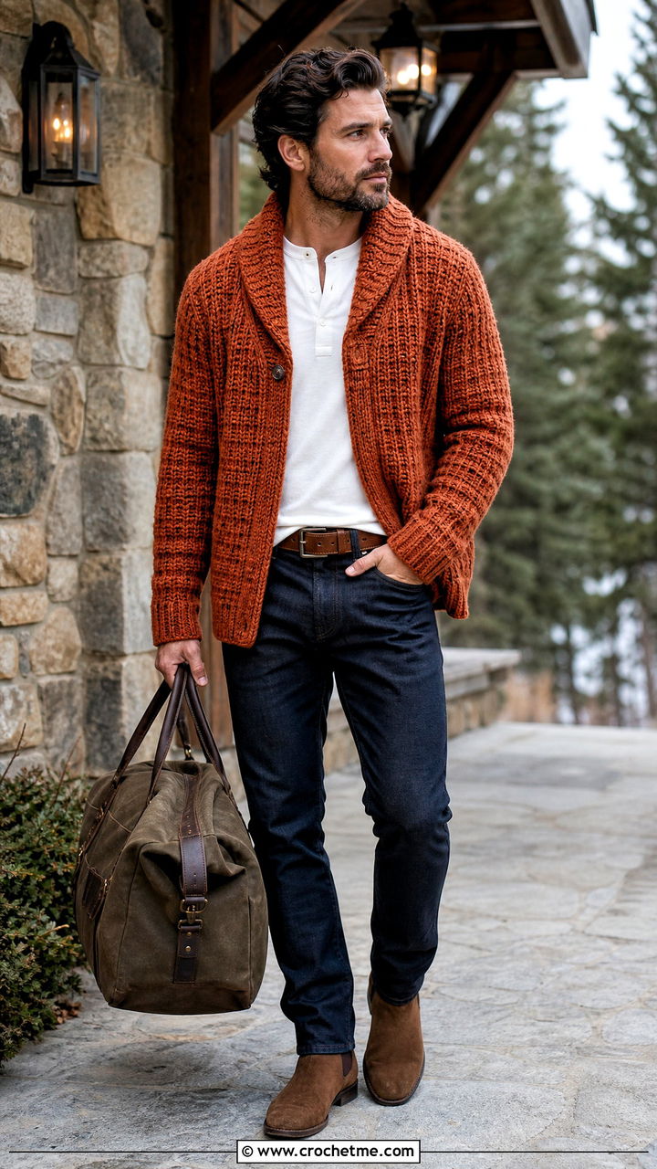 Shawl Collar Crochet Sweater With Tailored Jeans - 35 crochet mens sweater outfit ideas