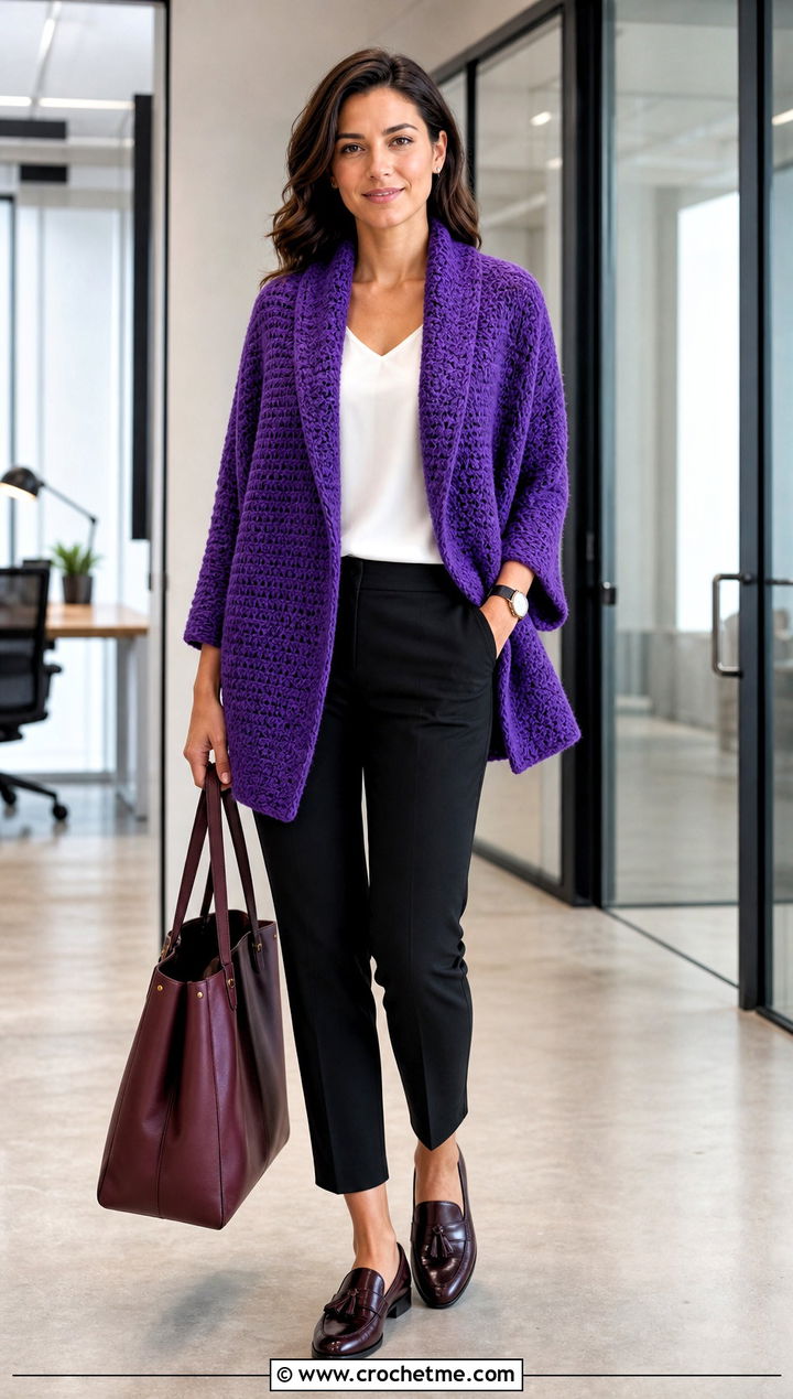 Shawl Collar Crochet Sweater Wrap With Office Pants - 30 crochet sweater wrap outfit ideas