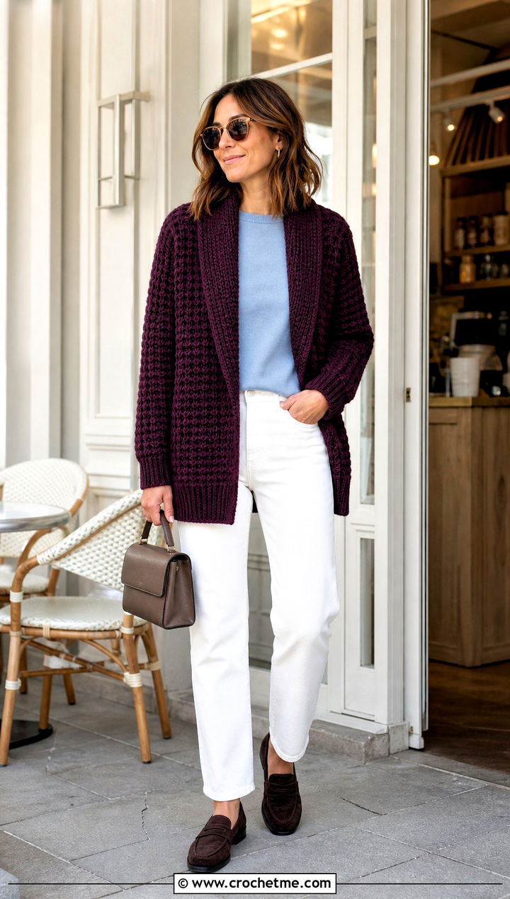 Shawl Collar Crochet Waffle Stitch Cardigan With White Jeans - 25 crochet waffle stitch cardigan outfit ideas