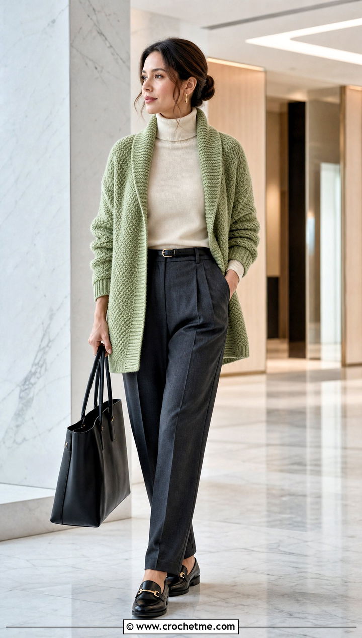 Shawl Collar Crochet Winter Cardigan With Pleated Trousers - 25 crochet winter cardigan outfit ideas