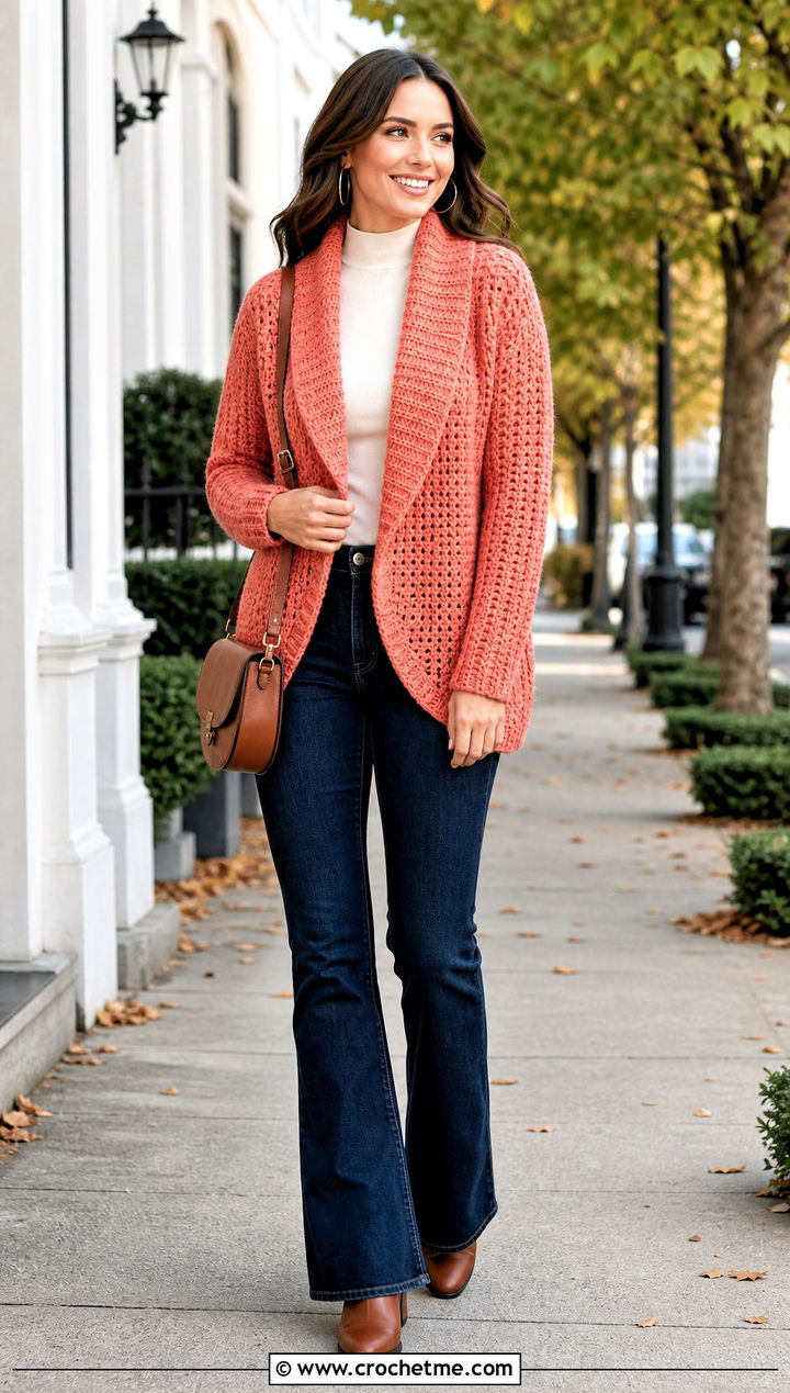 Shawl Collar Crochet Wrap Sweater With Flare Jeans - 35 crochet wrap sweater outfit ideas