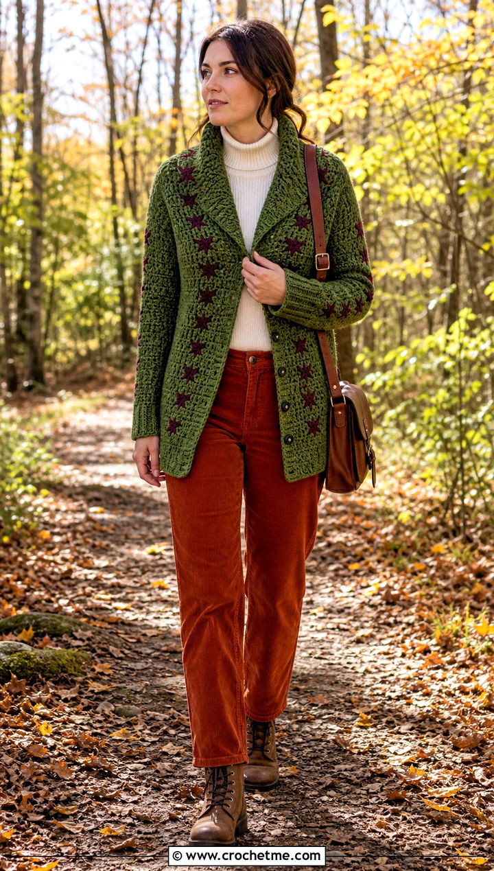 Shawl Collar Folklore Crochet Cardigan With Corduroy Pants - 25 Taylor Swift Folklore Crochet Cardigan outfit ideas