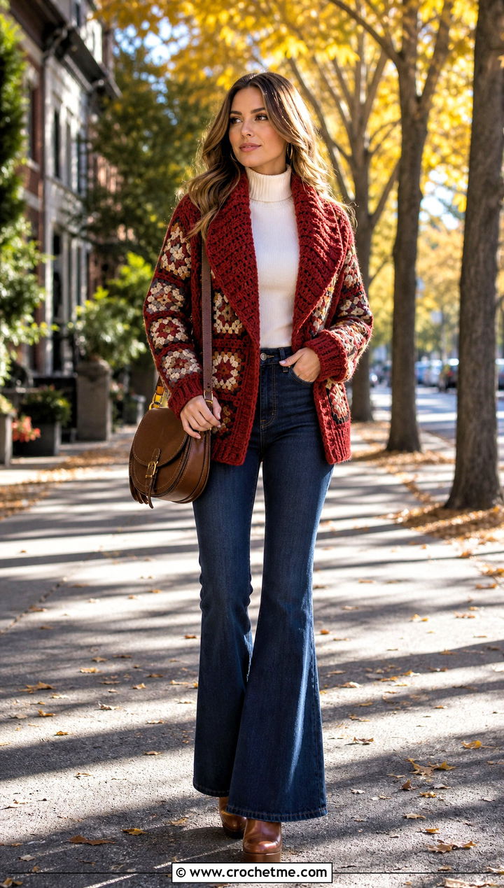 Shawl Collar Folklore Crochet Cardigan With Flared Jeans - 30 folklore crochet cardigan outfit ideas