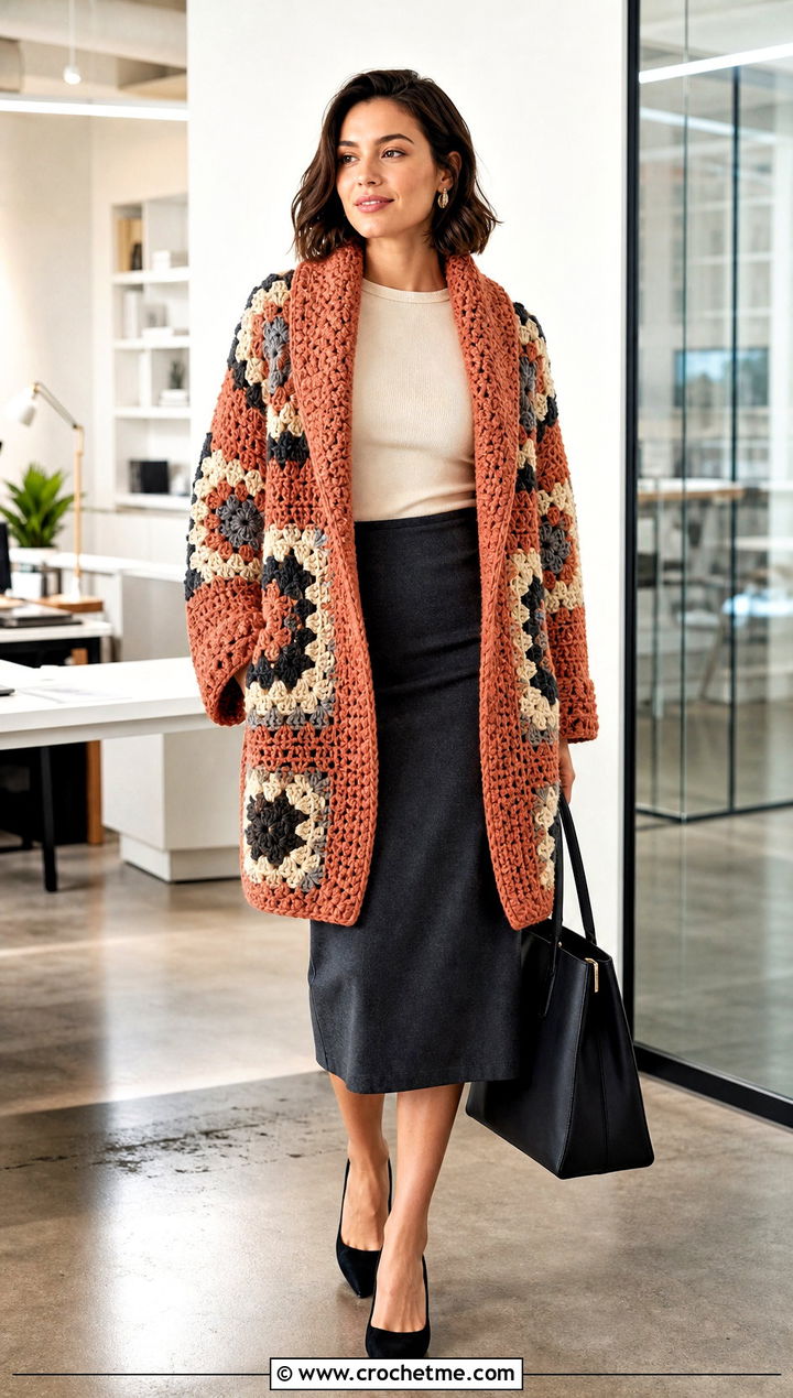 Shawl Collar Giant Granny Square Cardigan With Pencil Skirt - 35 giant granny square cardigan outfit ideas