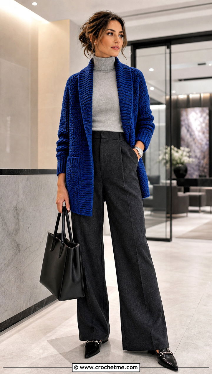 Shawl Collar Grandpa Crochet Cardigan With Wide Leg Trousers - 20 grandpa crochet cardigan outfit ideas