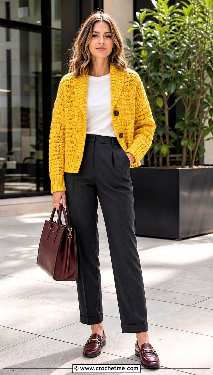 Shawl Collar Grandpa Crochet Sweater With Tailored Trousers - 15 Grandpa Crochet Sweater outfit ideas