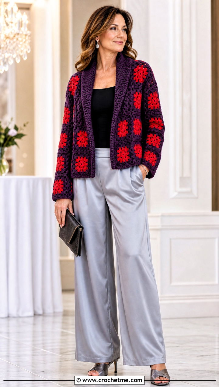 Shawl Collar Granny Square Cardigan With Satin Pants - 30 cardigan with granny square outfit ideas