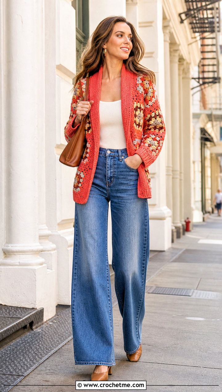 Shawl Collar Granny Square Cardigan With Wide Leg Jeans - 35 granny square crochet cardigan jacket outfit ideas