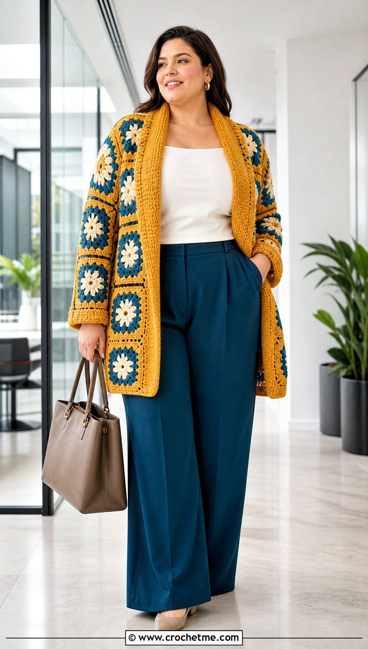 Shawl Collar Granny Square Cardigan With Wide Leg Trousers - 30 plus size crochet granny square cardigan outfit ideas