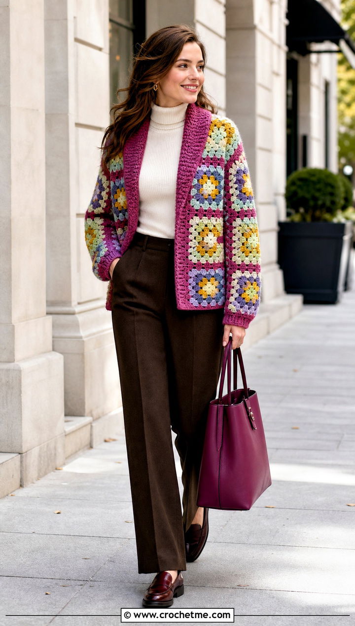 Shawl Collar Granny Square Cardigan With Wool Trousers - 25 pastel granny square cardigan outfit ideas