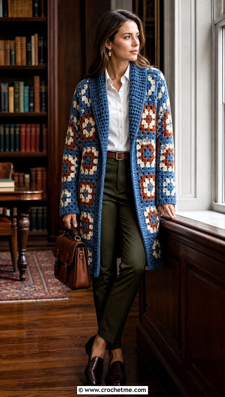 Shawl Collar Granny Square Coat With Button Down Shirt And Chinos - 15 crochet granny square afghan style coat cardigan outfit ideas