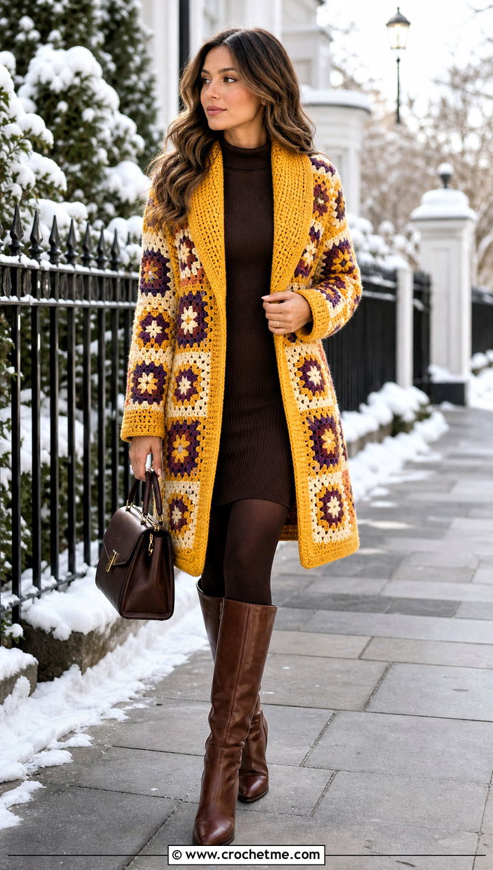 Shawl Collar Granny Square Coat With Sweater Dress - 30 crochet granny square coat outfit ideas